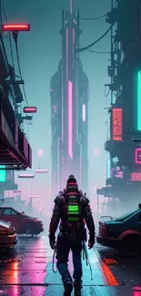 Cyberpunk city with neon lights and futuristic street view.