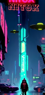 Cyberpunk cityscape art with neon lights and UFOs.