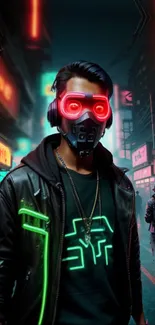 Cyberpunk cityscape with neon lights and masked character.