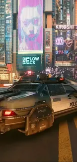 Futuristic city with neon lights and a police car in a cyberpunk style.