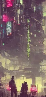 Futuristic cyberpunk cityscape with neon lights and towering structures.