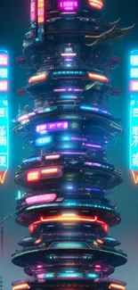 Futuristic cyberpunk cityscape with neon lights and modern architecture.