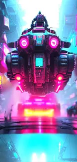 Futuristic neon-lit cyberpunk cityscape with hovering vehicle.