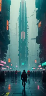 Futuristic cyberpunk cityscape with neon lights and towering skyscrapers.