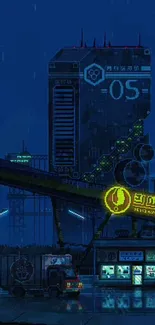 Neon-lit cyberpunk cityscape with futuristic buildings and signs.