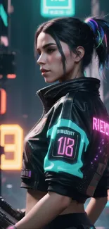 Futuristic cyberpunk character in vibrant neon cityscape.