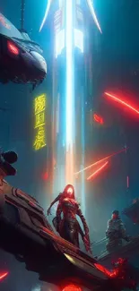 Futuristic cyberpunk cityscape with neon lights and sci-fi elements.