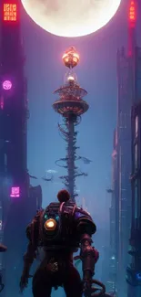 Futuristic cyberpunk cityscape with a glowing moon and towering robot.