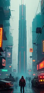 Cyberpunk cityscape with neon lights and a futuristic atmosphere.