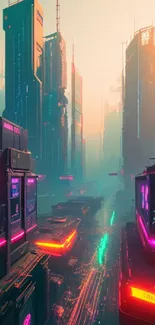 Cyberpunk cityscape with neon lights and tall futuristic buildings in vibrant hues.