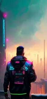 Futuristic cyberpunk cityscape with neon lights and a lone figure in teal hues.