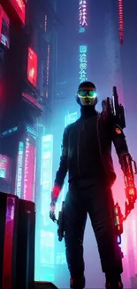 Futuristic character in neon-lit cyberpunk cityscape wallpaper.