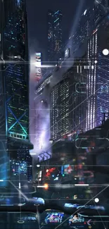 Futuristic cityscape with neon skyscrapers and cyberpunk aesthetics.