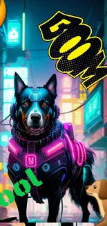 Cyberpunk dog with neon lights in futuristic urban scene.