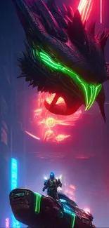 Cyberpunk dragon in neon-lit cityscape.