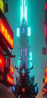 Cyberpunk scene with a neon-lit robotic dragon and cityscape.