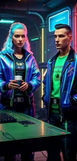 Futuristic cyberpunk duo in neon jackets and colorful digital setting.