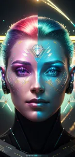 Futuristic cyberpunk face with vibrant digital art in blue tones.