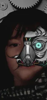 Cyberpunk face with mechanical art and gears in a mobile wallpaper.