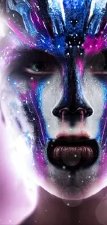 Futuristic cyberpunk face art in vibrant cosmic colors.