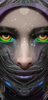 Futuristic cyberpunk face with vibrant colors and intricate designs.