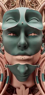 Futuristic teal cyberpunk face with metallic details.