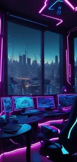 Futuristic gaming setup with neon lights and city skyline.