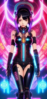 Neon-clad cyberpunk girl in futuristic art design.