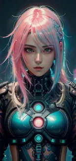 Futuristic cyberpunk female character with pink hair and neon accents.