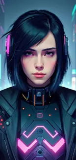 Futuristic cyberpunk girl in neon cityscape, vibrant and edgy design.