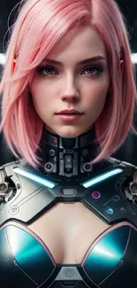 Futuristic pink-haired girl with cybernetic armor in a dark setting.