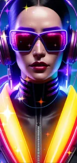 Futuristic cyberpunk girl with neon glow, headphones, and vibrant colors.