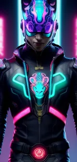 Futuristic cyberpunk hero with neon lights design.