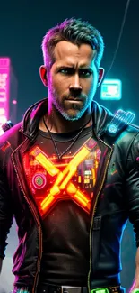 Cyberpunk hero in neon city setting with vibrant colors and futuristic design.