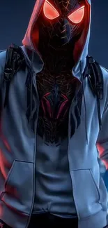 Cyberpunk hero with glowing eyes in cityscape.