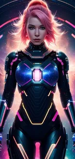 Futuristic cyberpunk heroine in neon armor with a colorful cosmic background.