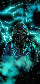 Hooded figure in neon blue electric storm wallpaper.