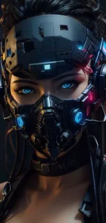 Futuristic cyberpunk character with glowing eyes and high-tech mask.