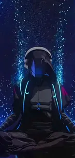 Futuristic cyberpunk figure meditating with neon blue lights.