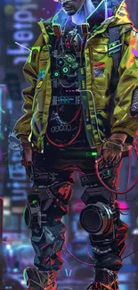 Futuristic cyberpunk character in neon cityscape wallpaper.