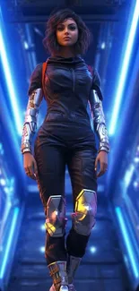 Futuristic character in a neon corridor with cyberpunk aesthetics.