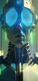 Futuristic cyberpunk figure with glowing blue eyes and high-tech suit.