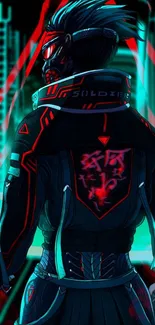 Futuristic figure in neon-lit cyberpunk city wallpaper.