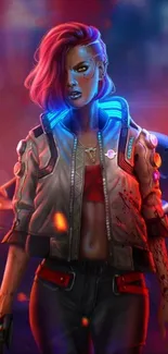 Cyberpunk character with neon colors in a futuristic setting.