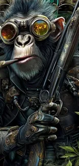 Cyberpunk monkey holding futuristic weapon in vibrant digital art.