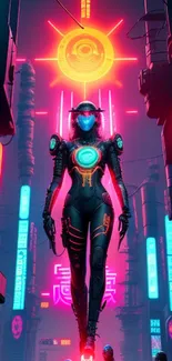 Futuristic cyberpunk city with glowing neon lights and a robotic figure.