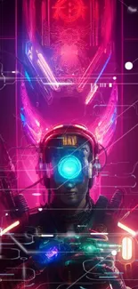 Futuristic cyberpunk wallpaper featuring neon colors and a robotic figure.