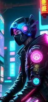 Futuristic cyberpunk character with neon lights in an urban setting.