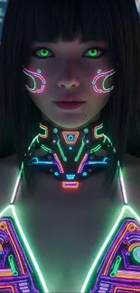 Futuristic neon cyberpunk digital art wallpaper with vibrant colors and design.