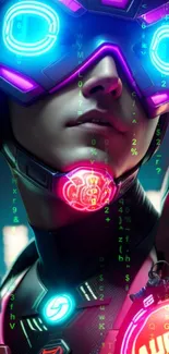 Futuristic figure in neon cyberpunk style with vibrant glowing colors.